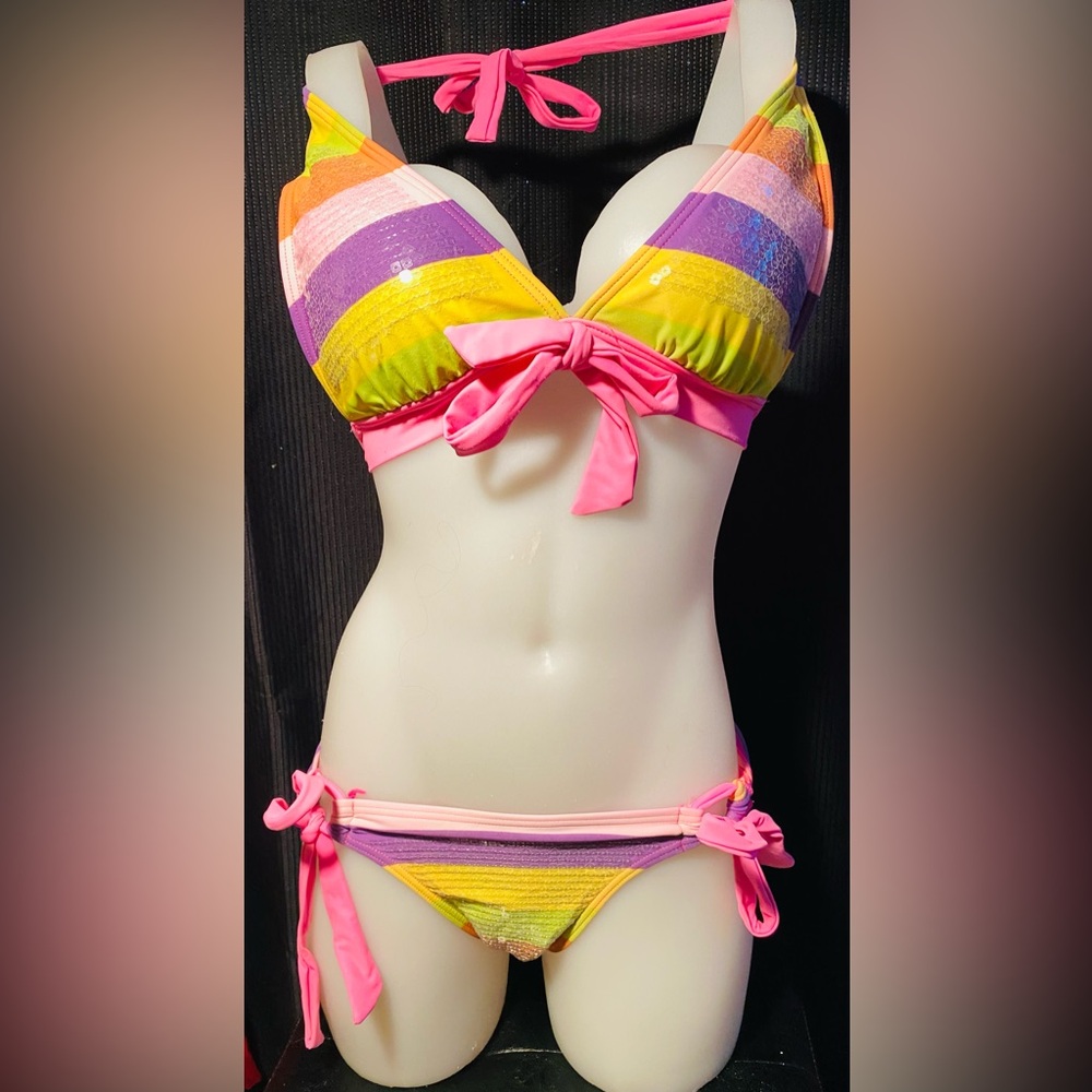 Multicolor Striped sequin Bikini Set